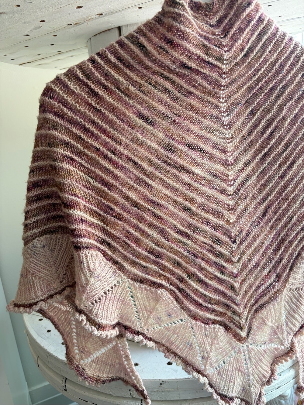 Hand-Knit Striped Shawl in Dusty Rose and Mauve - Picture 2 of 2